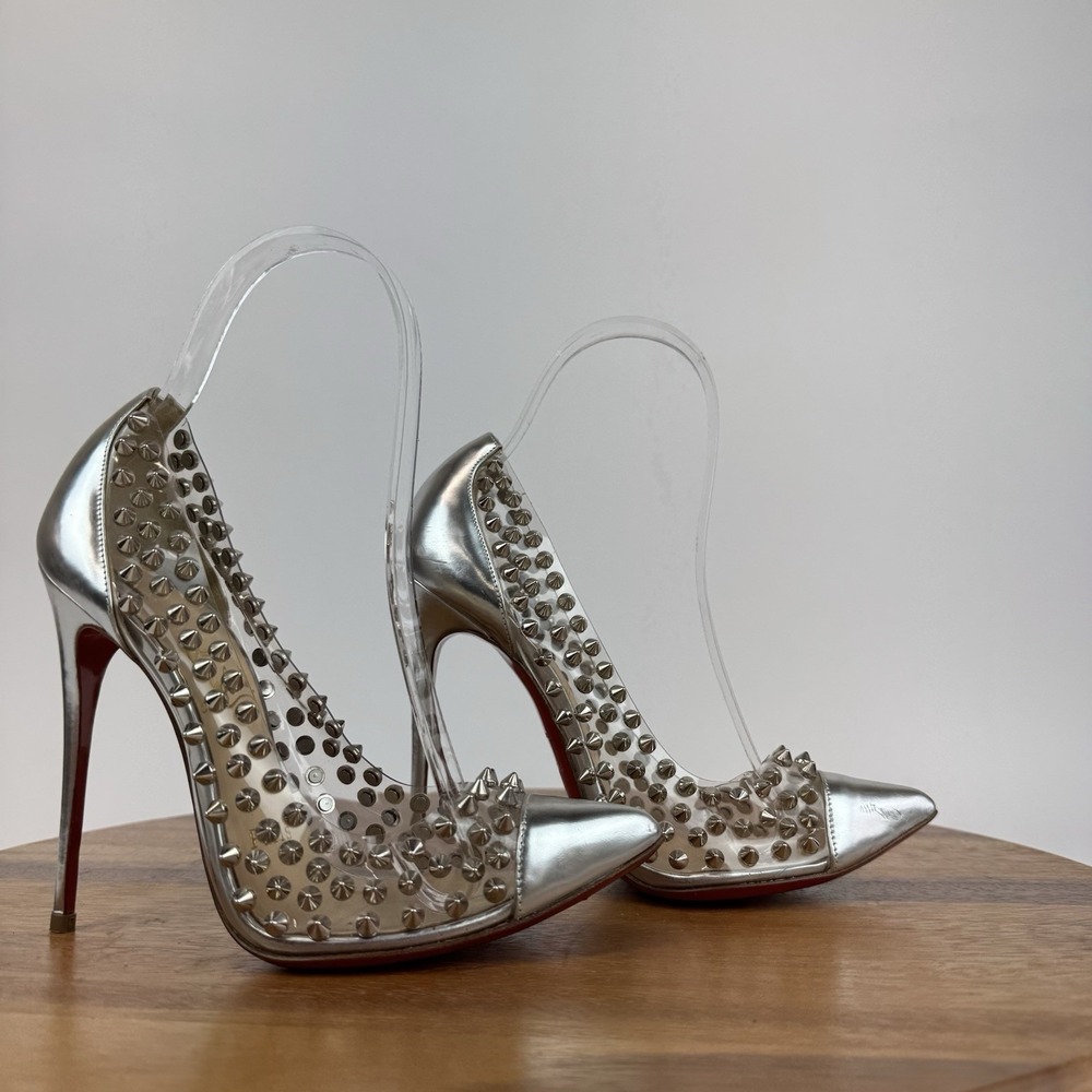 Womens Christian Louboutin Spike Me PVC Silver Stiletto‎ Heels Pumps Size EU 36